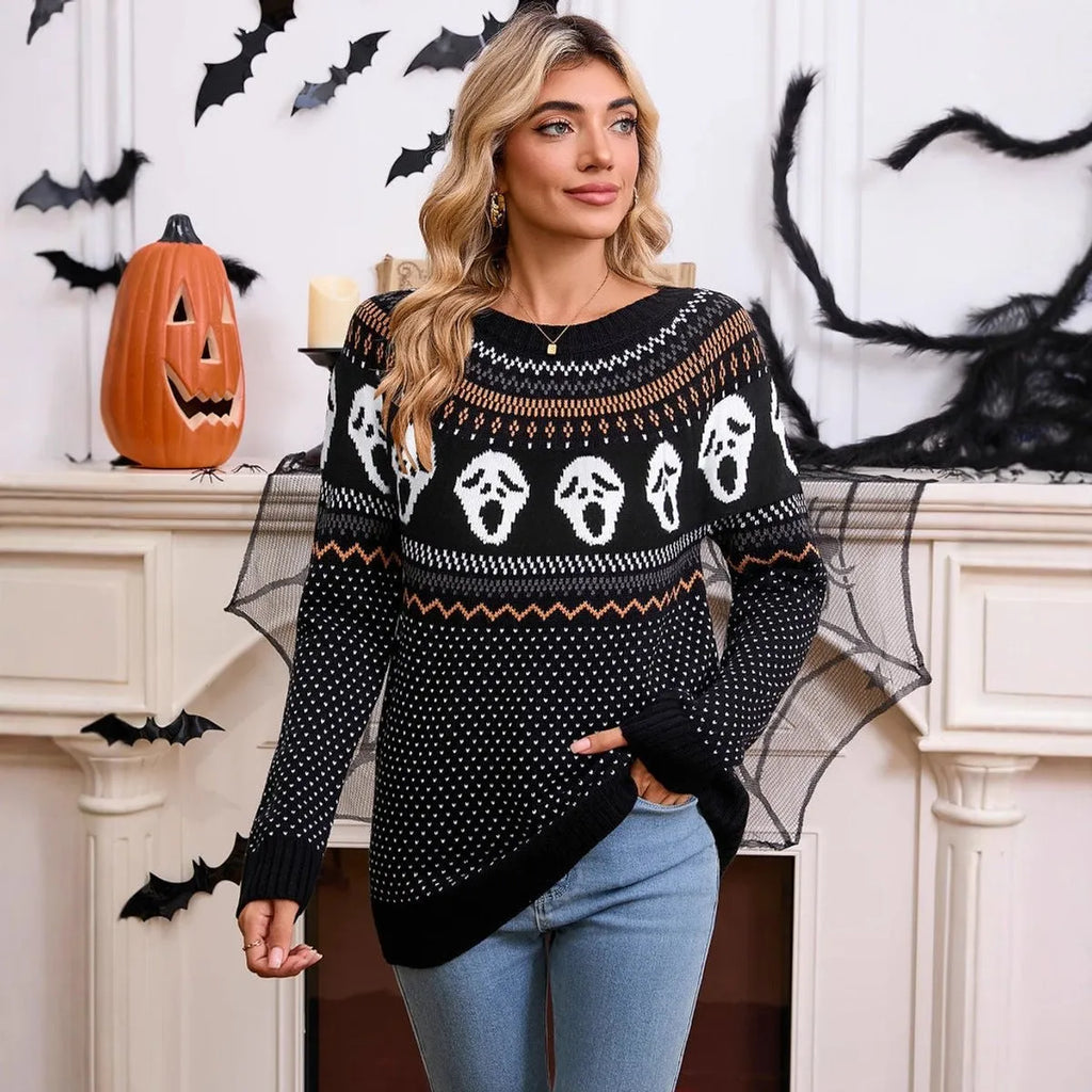 Women's Halloween Ghost Knit Crewneck Long-Sleeve Sweater & Fall Pullover