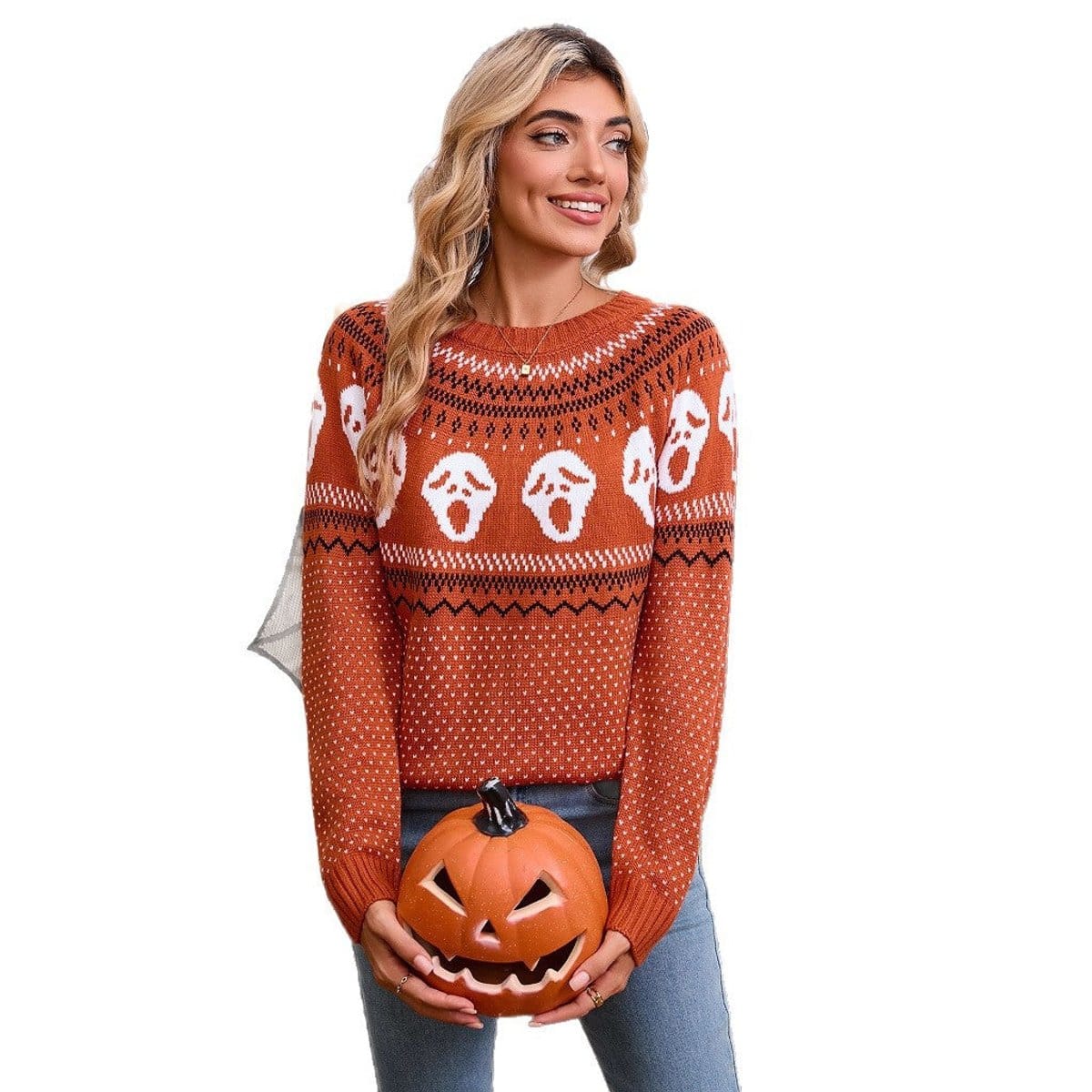 Women's Halloween Ghost Knit Crewneck Long-Sleeve Sweater & Fall Pullover
