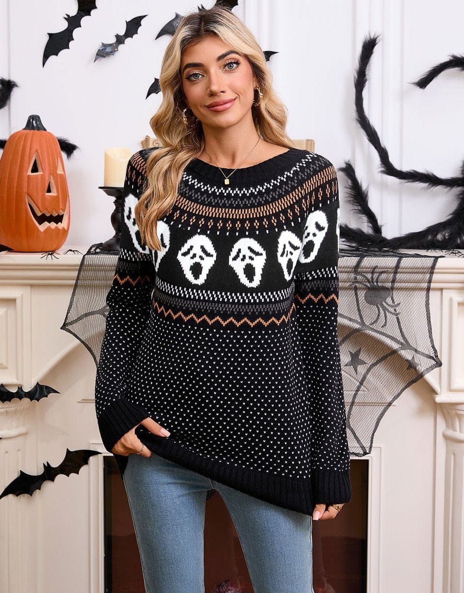 Women's Halloween Ghost Knit Crewneck Long-Sleeve Sweater & Fall Pullover