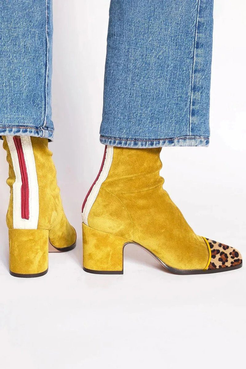 Diane| Women's Suede Block Heel Ankle Boots with Leopard Print Toe