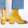 Diane| Women's Suede Block Heel Ankle Boots with Leopard Print Toe