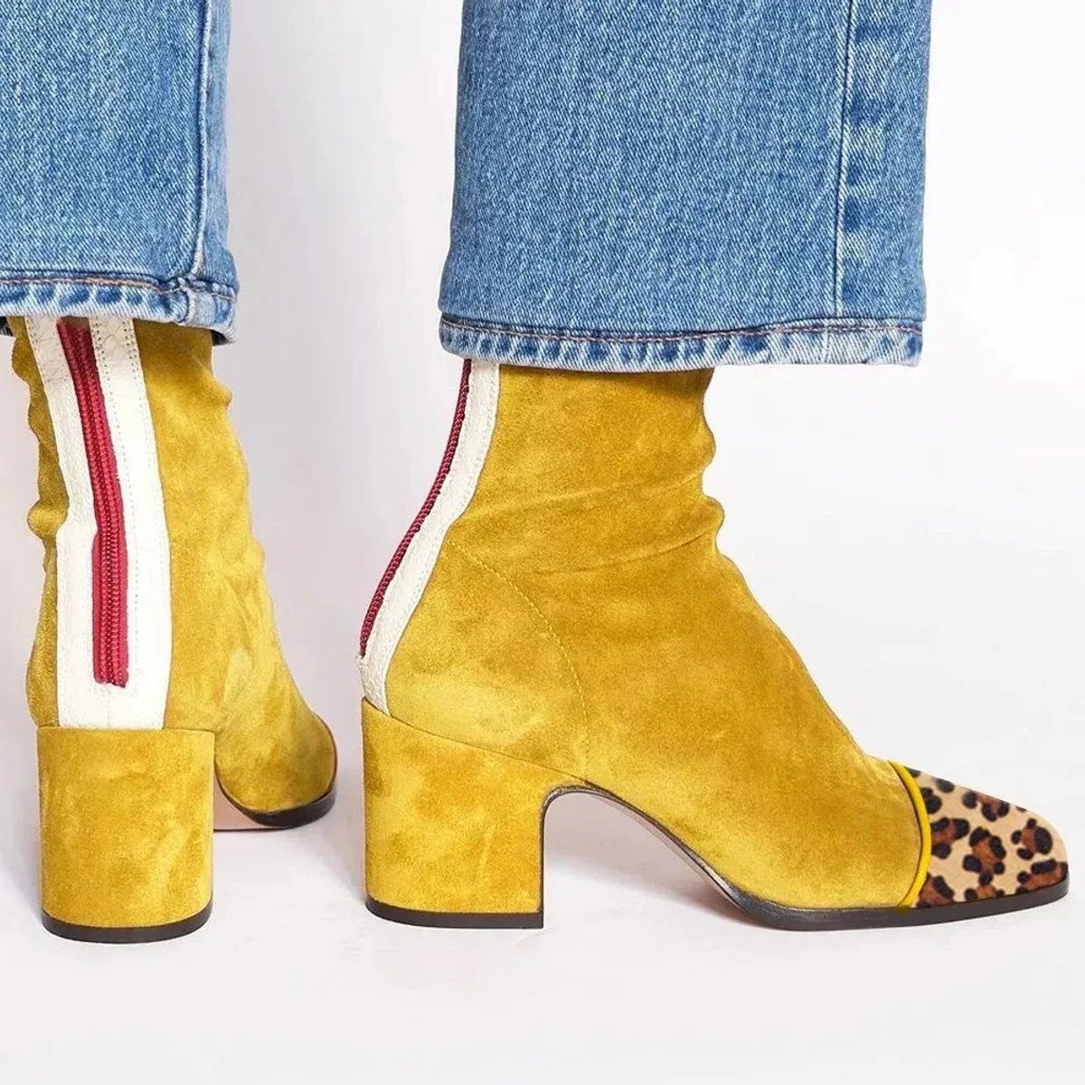 Diane| Women's Suede Block Heel Ankle Boots with Leopard Print Toe