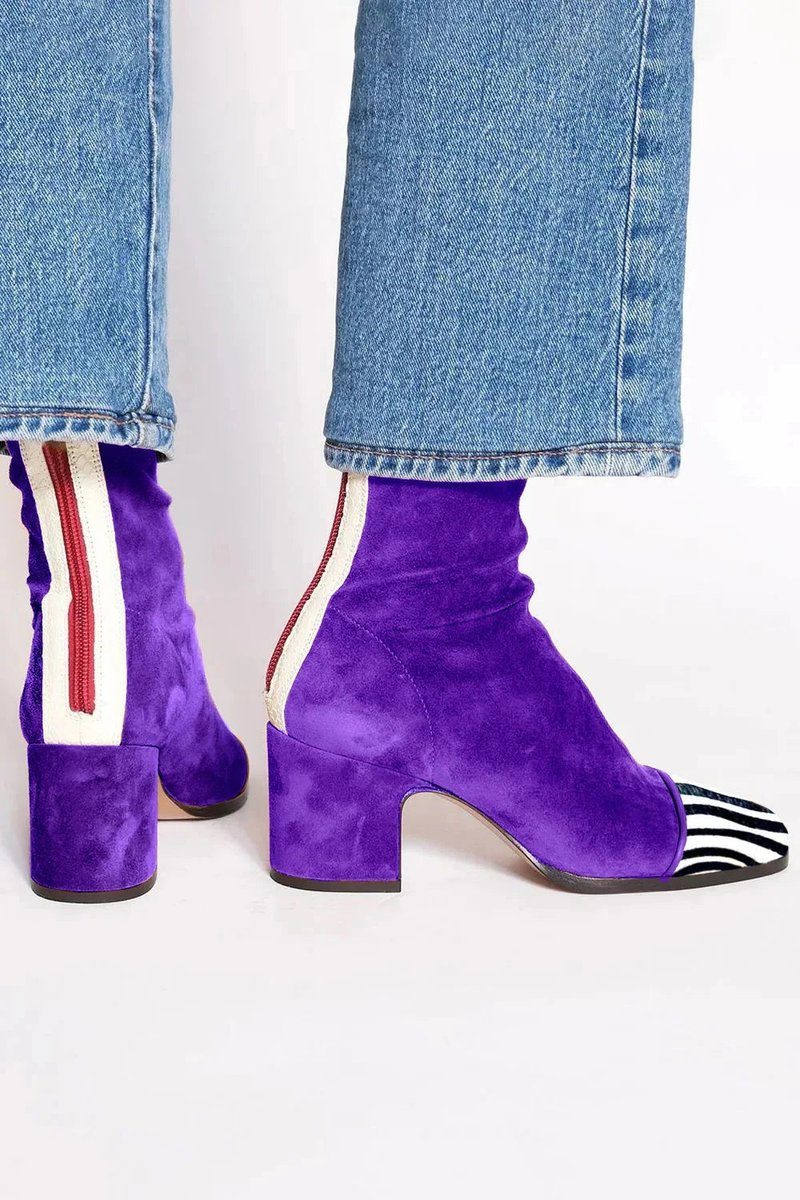 Diane| Women's Suede Block Heel Ankle Boots with Leopard Print Toe