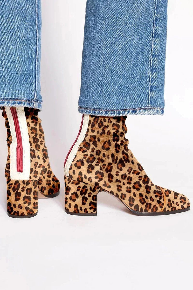 Diane| Women's Suede Block Heel Ankle Boots with Leopard Print Toe