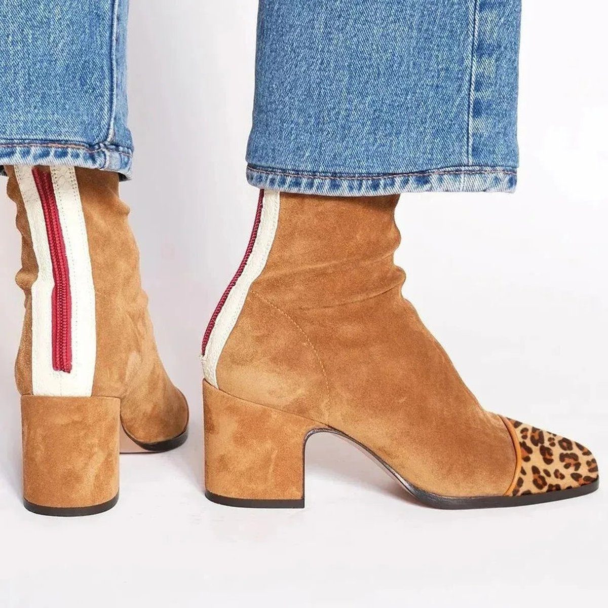 Diane| Women's Suede Block Heel Ankle Boots with Leopard Print Toe