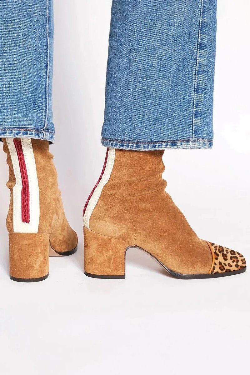 Diane| Women's Suede Block Heel Ankle Boots with Leopard Print Toe
