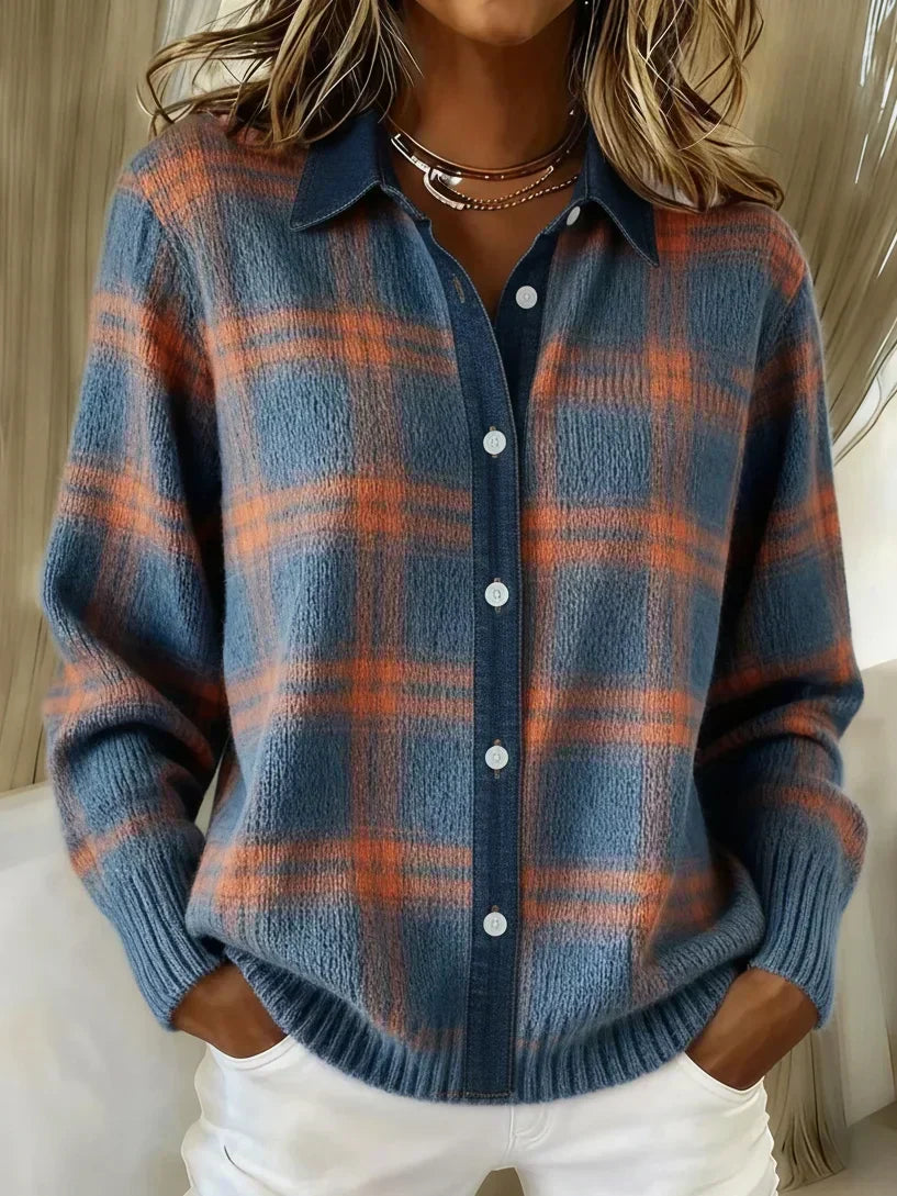 Chiara Elegant Checkered Cardigan | Button-Front Longline Knit Sweater