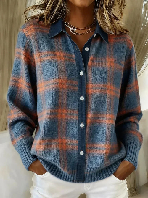 Chiara Elegant Checkered Cardigan | Button-Front Longline Knit Sweater