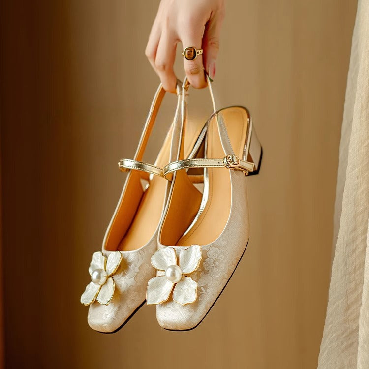 Women's Floral Slingback Block Heel Pumps | Comfortable Low Heel Dress Shoes