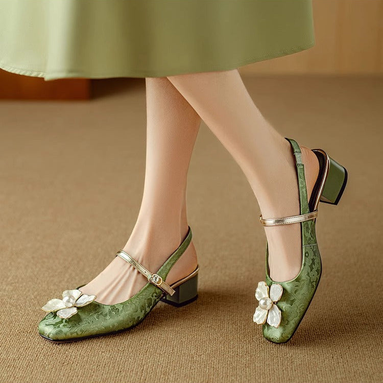 Women's Floral Slingback Block Heel Pumps | Comfortable Low Heel Dress Shoes