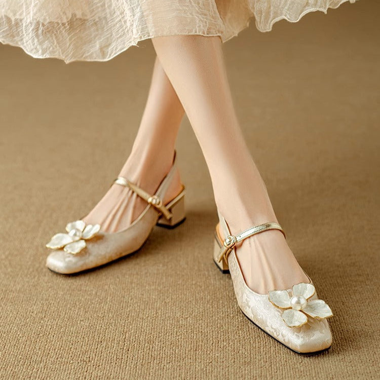 Women's Floral Slingback Block Heel Pumps | Comfortable Low Heel Dress Shoes