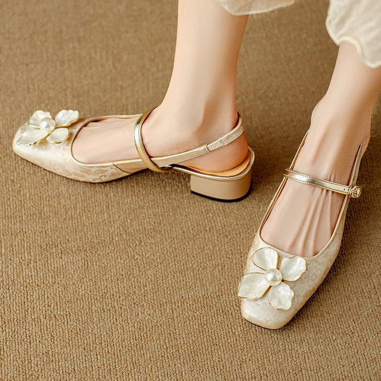 Women's Floral Slingback Block Heel Pumps | Comfortable Low Heel Dress Shoes