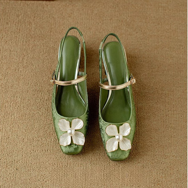 Women's Floral Slingback Block Heel Pumps | Comfortable Low Heel Dress Shoes