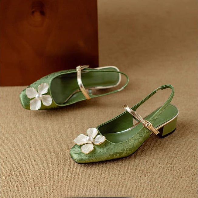 Women's Floral Slingback Block Heel Pumps | Comfortable Low Heel Dress Shoes