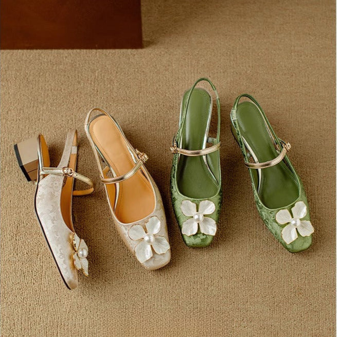 Women's Floral Slingback Block Heel Pumps | Comfortable Low Heel Dress Shoes