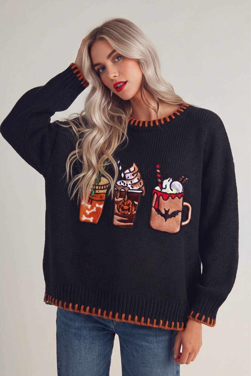 Blanket Stitch Oversized Halloween Coffee Pullover Sweater