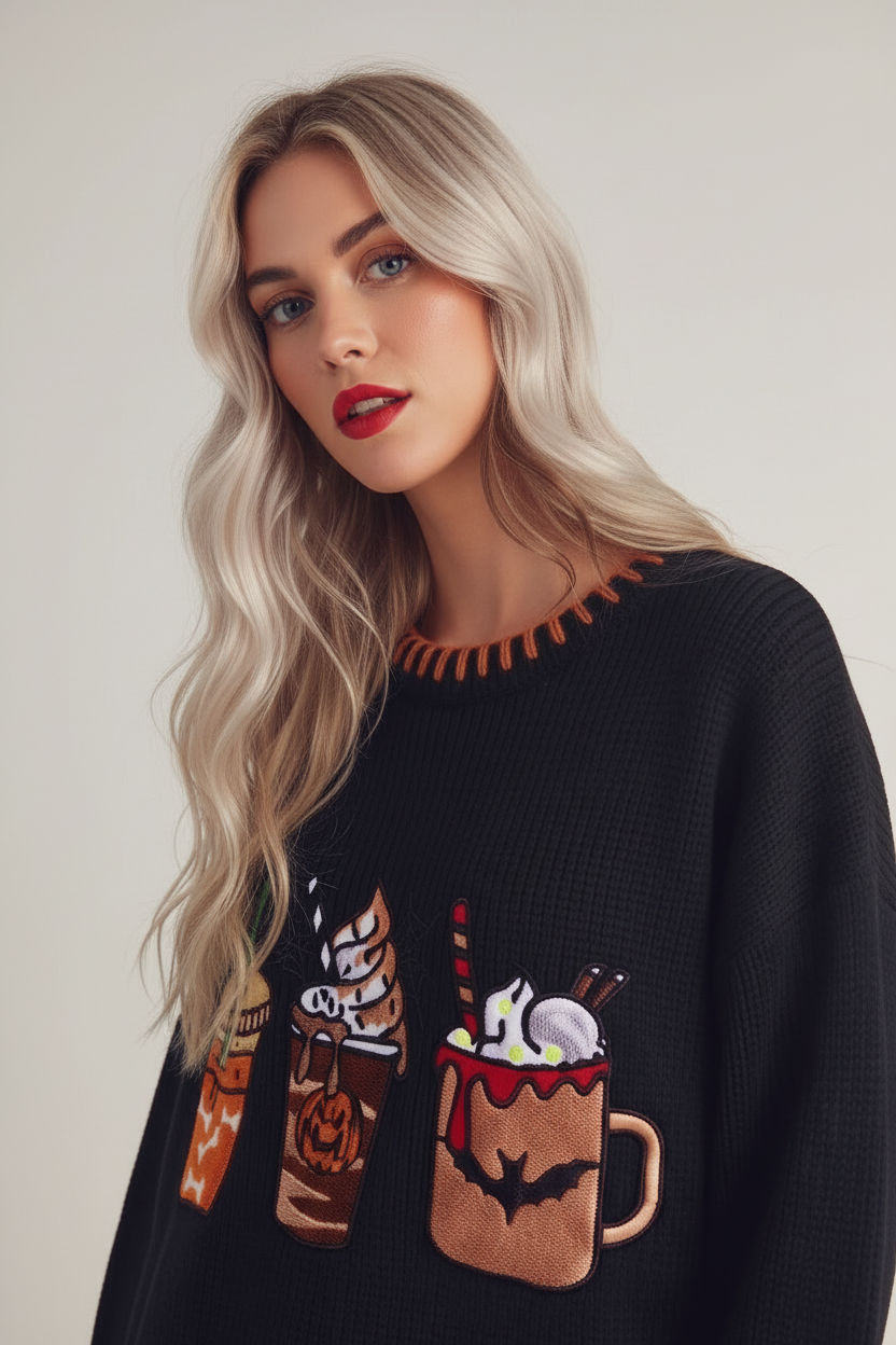 Blanket Stitch Oversized Halloween Coffee Pullover Sweater