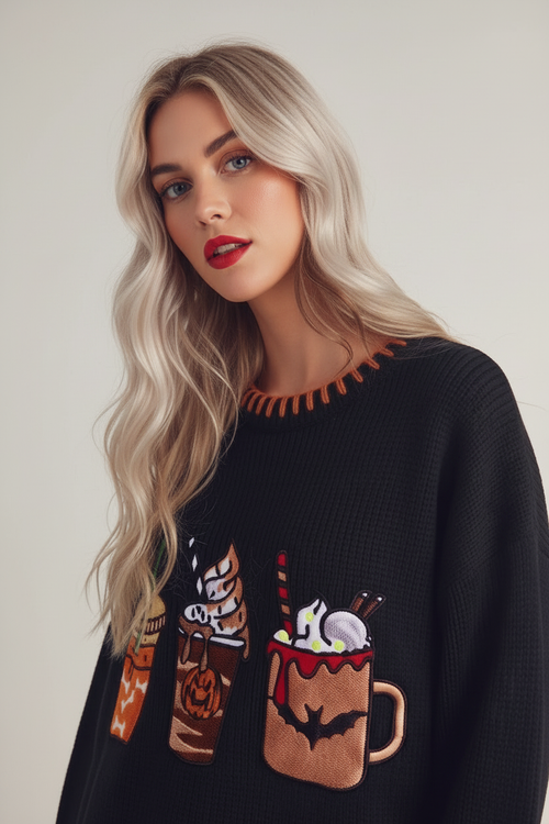Blanket Stitch Oversized Halloween Coffee Pullover Sweater