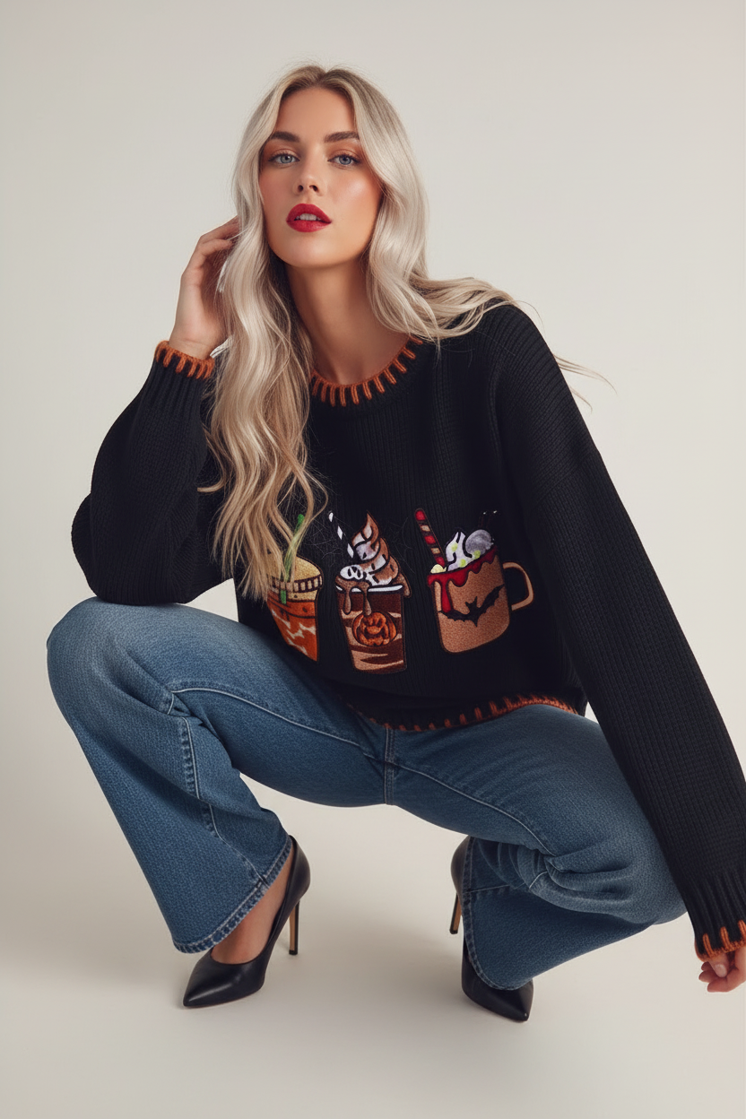 Blanket Stitch Oversized Halloween Coffee Pullover Sweater