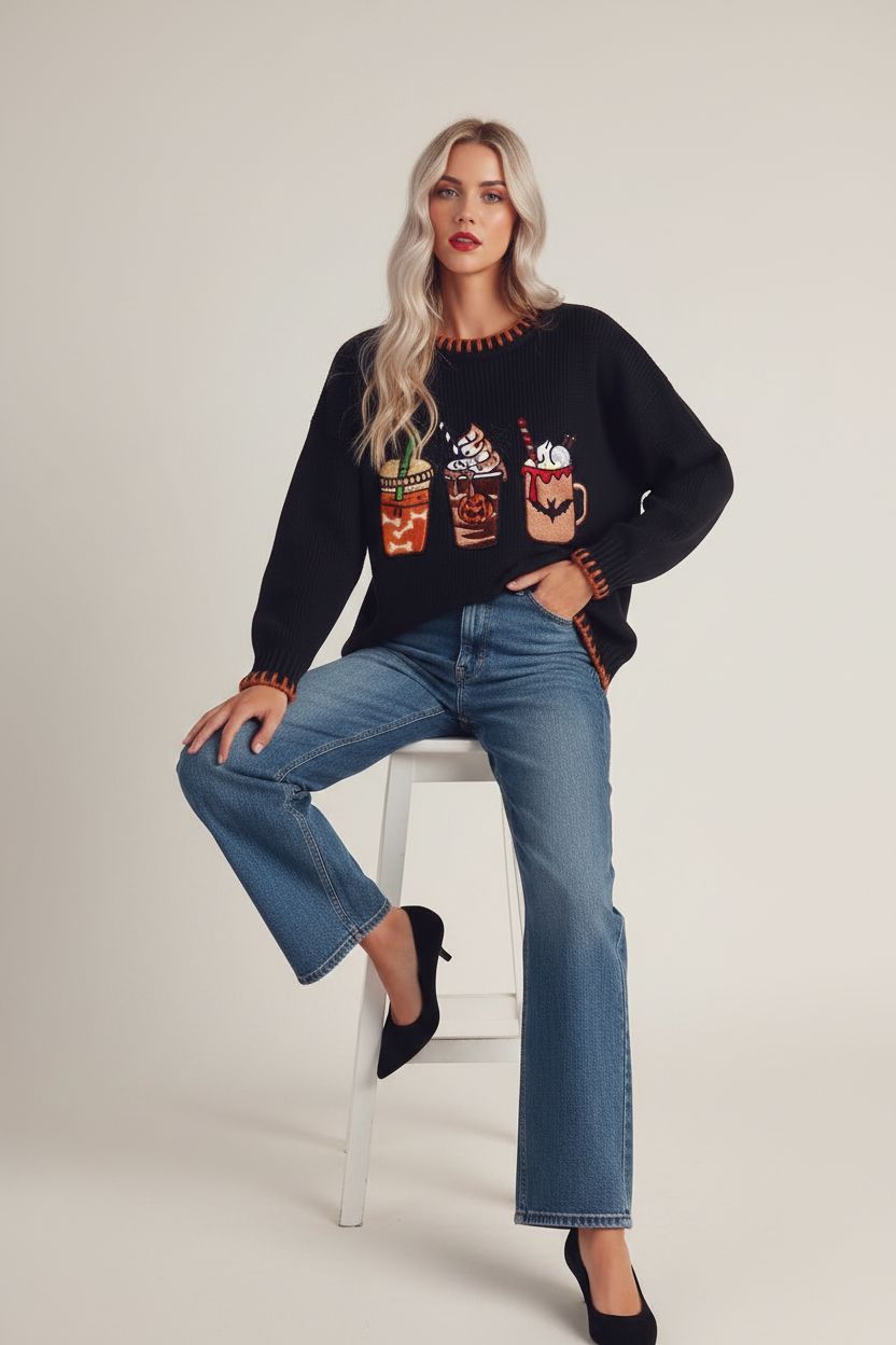 Blanket Stitch Oversized Halloween Coffee Pullover Sweater