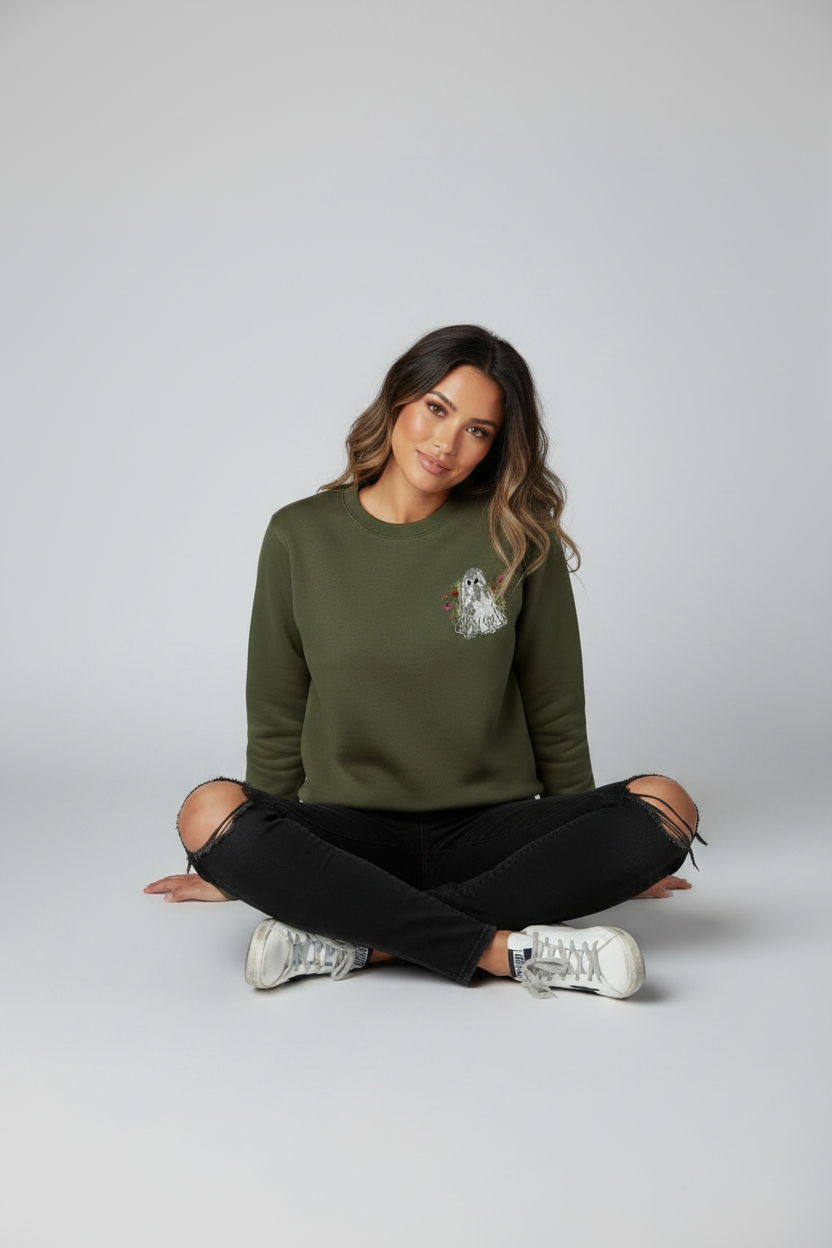 Women's Olive Lace Ghost Sweatshirt - Embroidered Floral Halloween Pullover