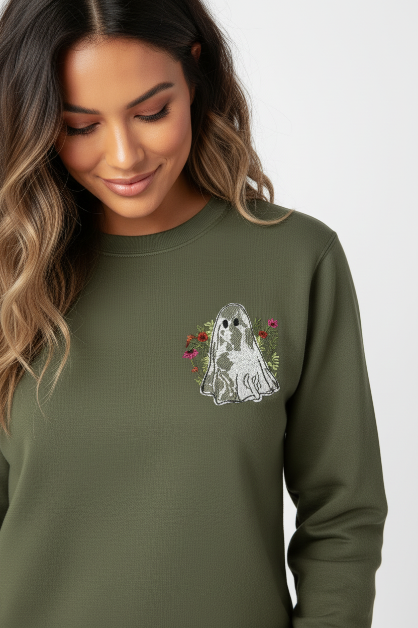 Women's Olive Lace Ghost Sweatshirt - Embroidered Floral Halloween Pullover