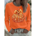 Women's Sparkling Pumpkin Graphic Long-Sleeve Black Halloween Top