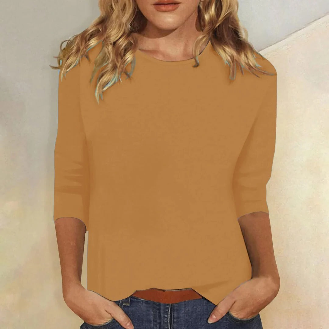 Women's Crew Neck Three-Quarter Sleeve Top | Casual Everyday Cropped Blouse