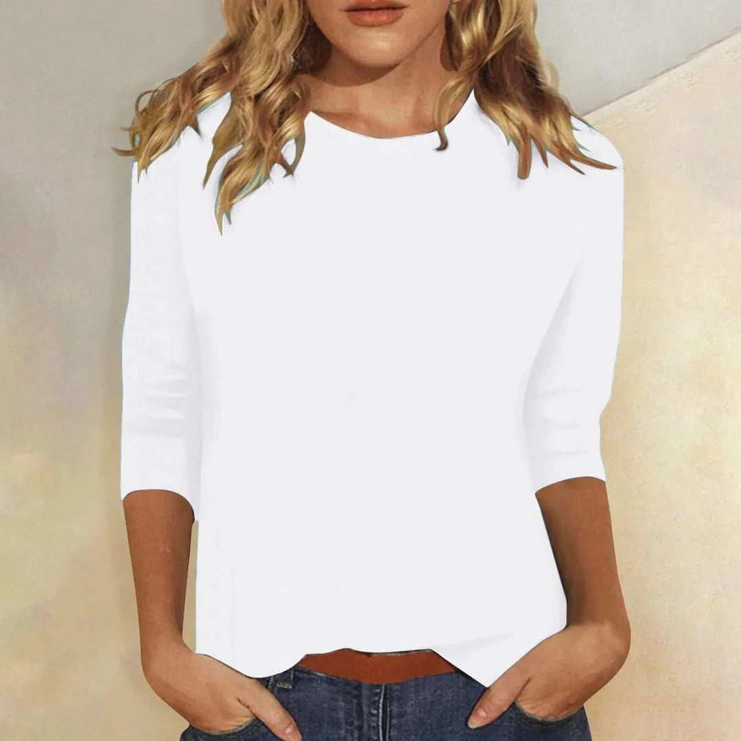 Women's Crew Neck Three-Quarter Sleeve Top | Casual Everyday Cropped Blouse