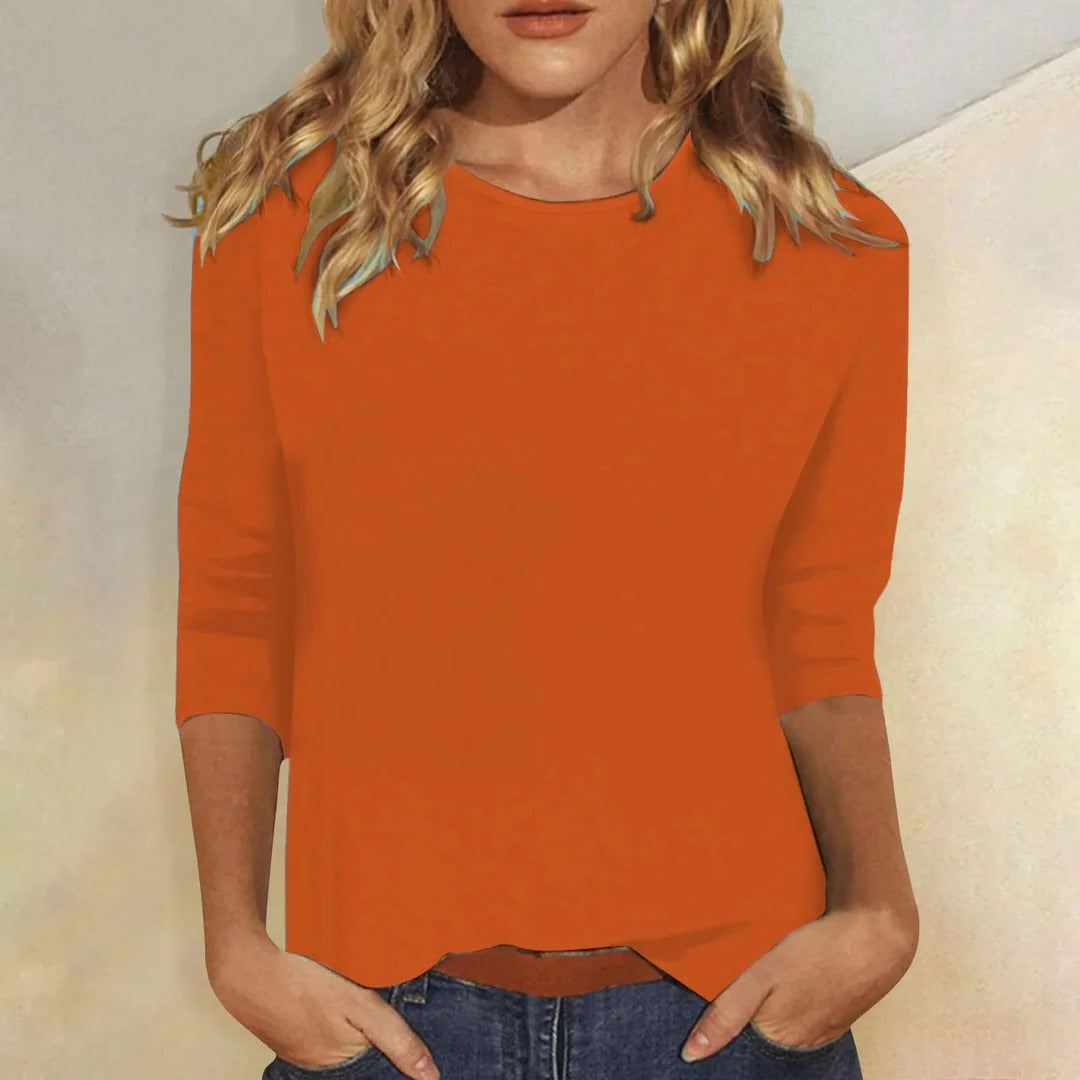 Women's Crew Neck Three-Quarter Sleeve Top | Casual Everyday Cropped Blouse