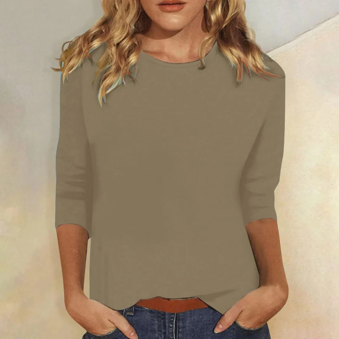 Women's Crew Neck Three-Quarter Sleeve Top | Casual Everyday Cropped Blouse