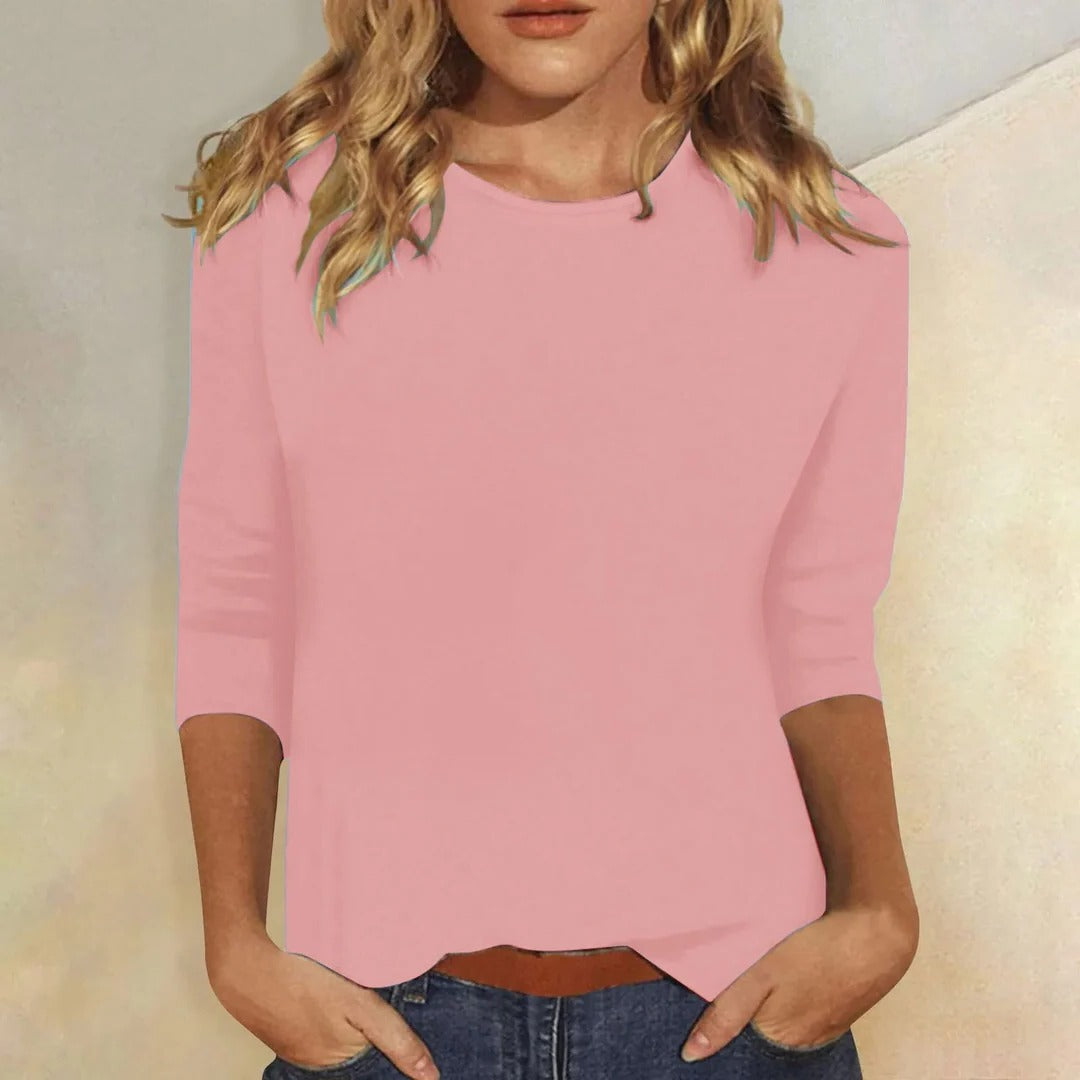 Women's Crew Neck Three-Quarter Sleeve Top | Casual Everyday Cropped Blouse