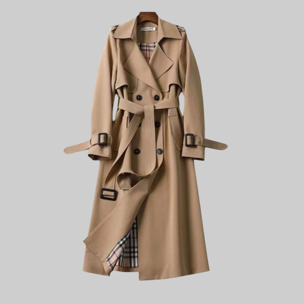 Women's Long Belted Trench Coat - Classic Double-Breasted Winter Jacket