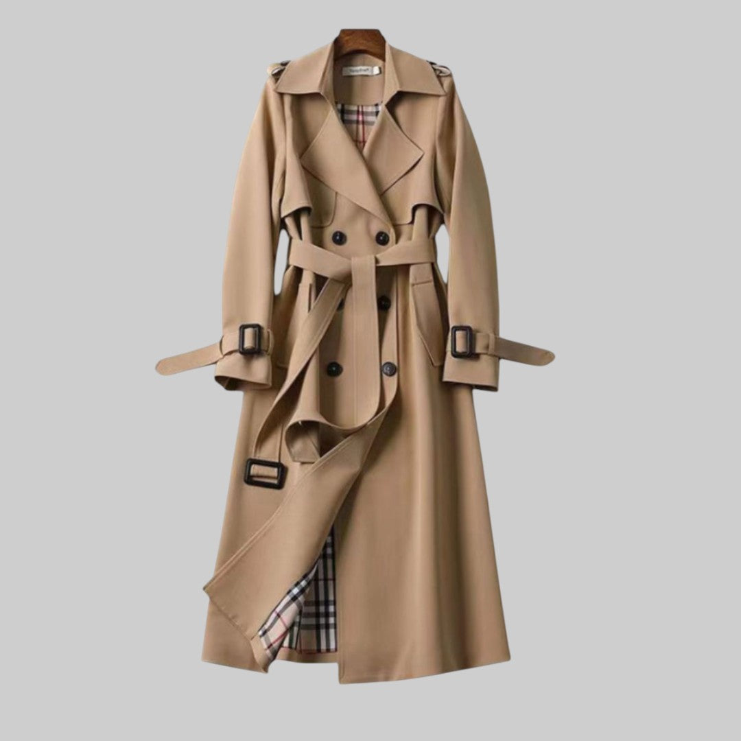 Women's Long Belted Trench Coat - Classic Double-Breasted Winter Jacket