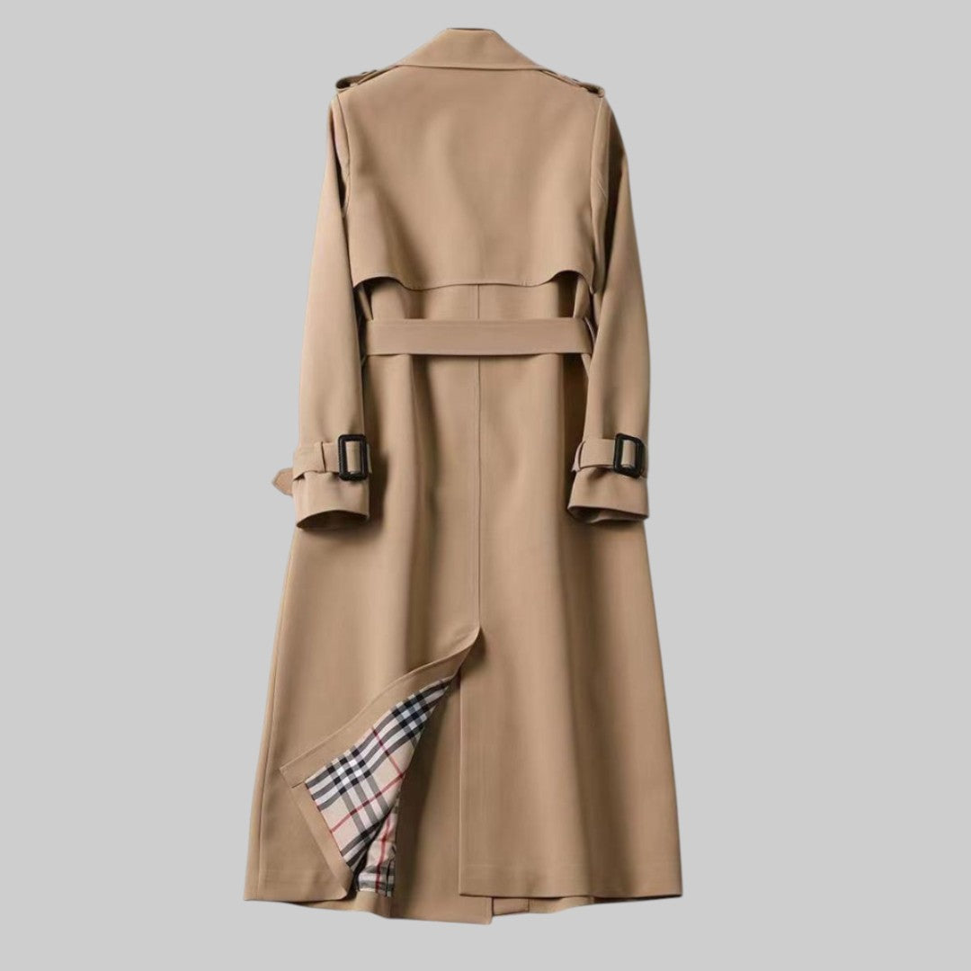 Women's Long Belted Trench Coat - Classic Double-Breasted Winter Jacket