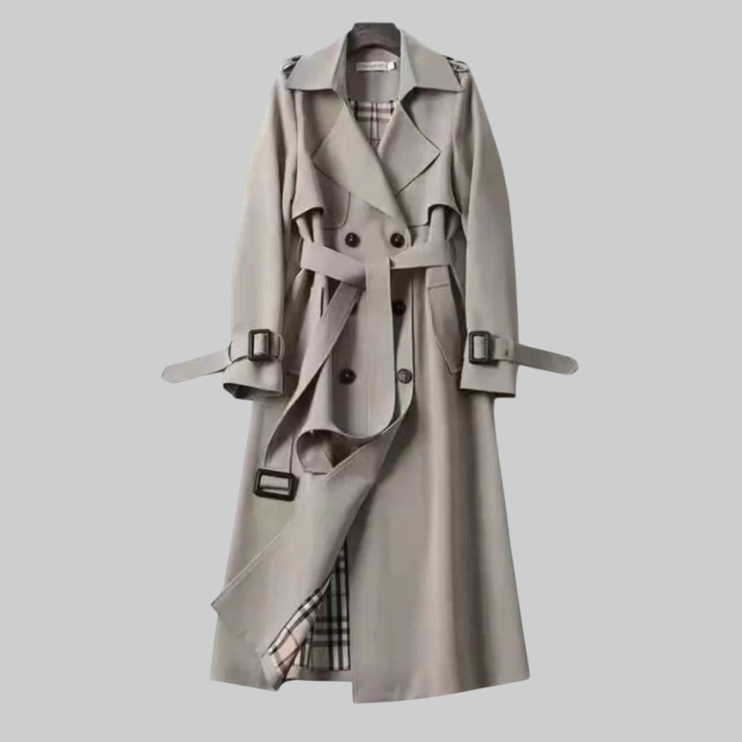 Women's Long Belted Trench Coat - Classic Double-Breasted Winter Jacket