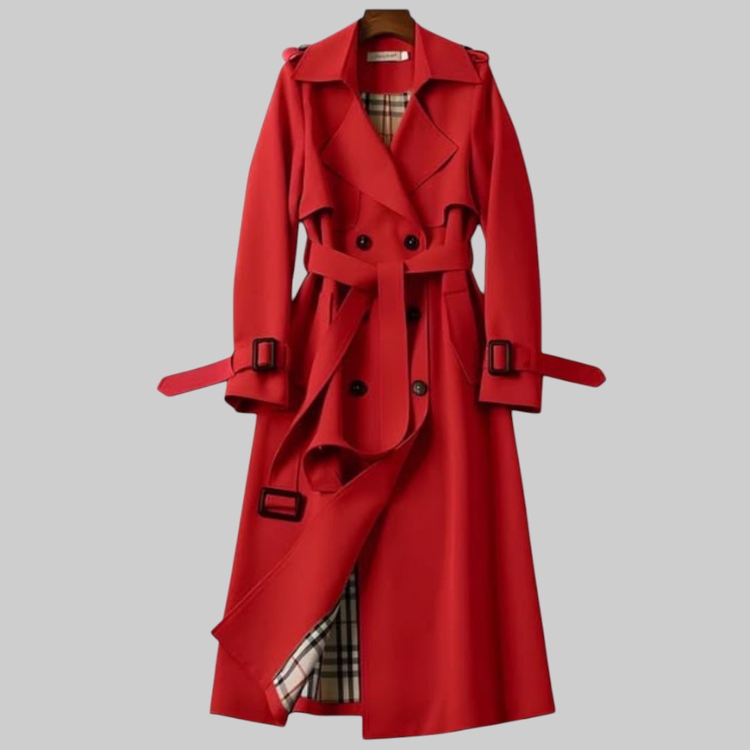 Women's Long Belted Trench Coat - Classic Double-Breasted Winter Jacket