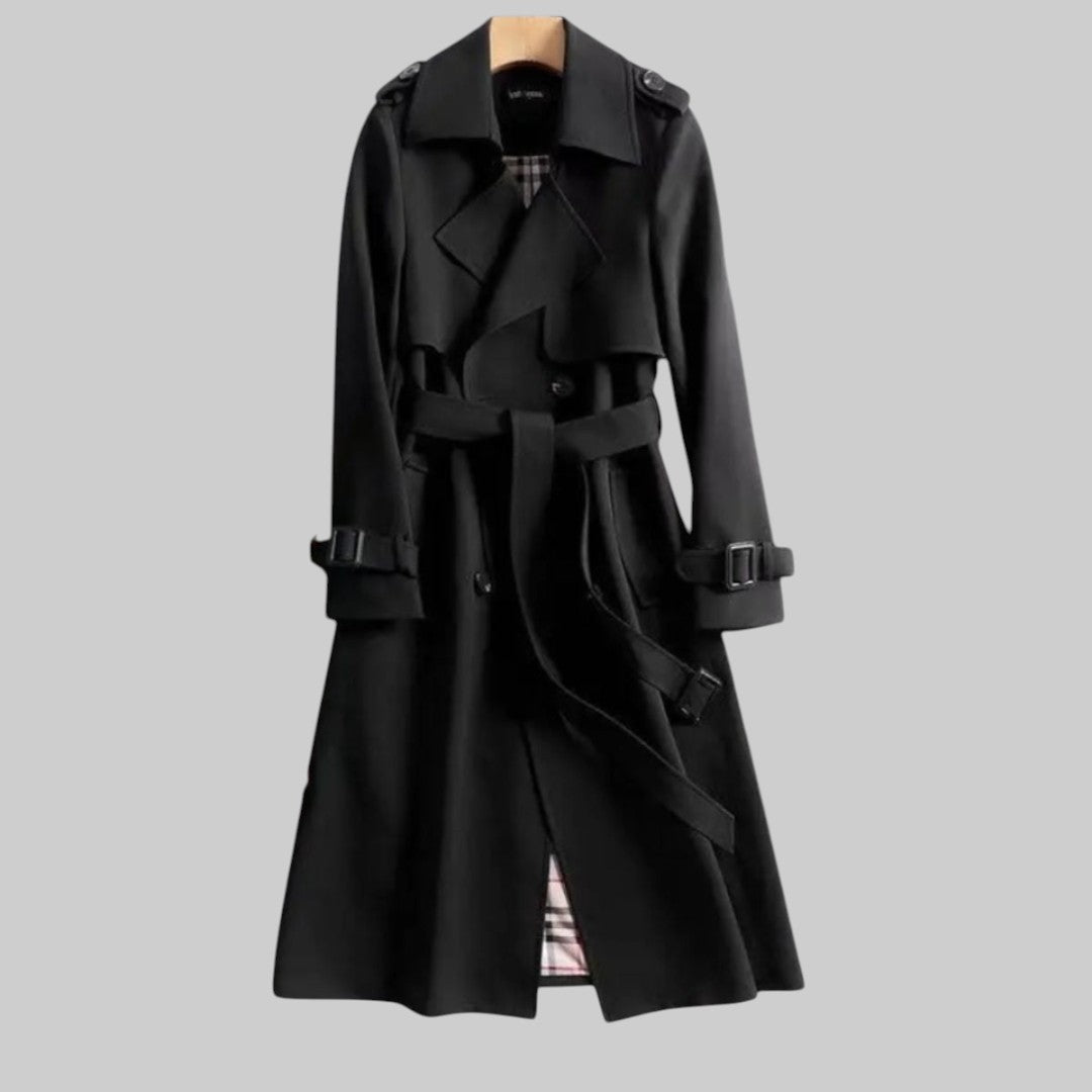 Women's Long Belted Trench Coat - Classic Double-Breasted Winter Jacket