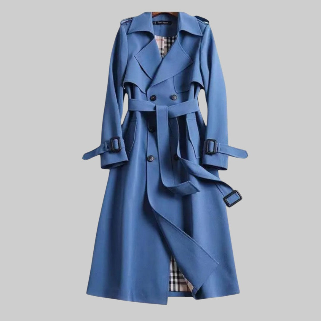 Women's Long Belted Trench Coat - Classic Double-Breasted Winter Jacket