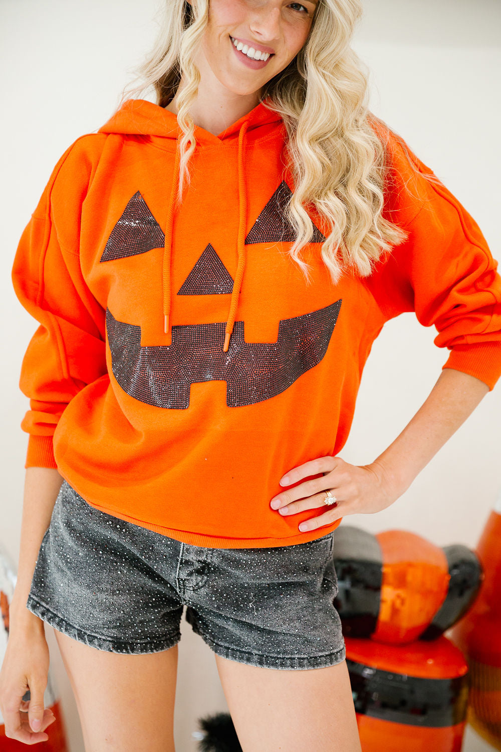 Women's Halloween Pumpkin Face Orange Hoodie & Spooky Fall Pullover