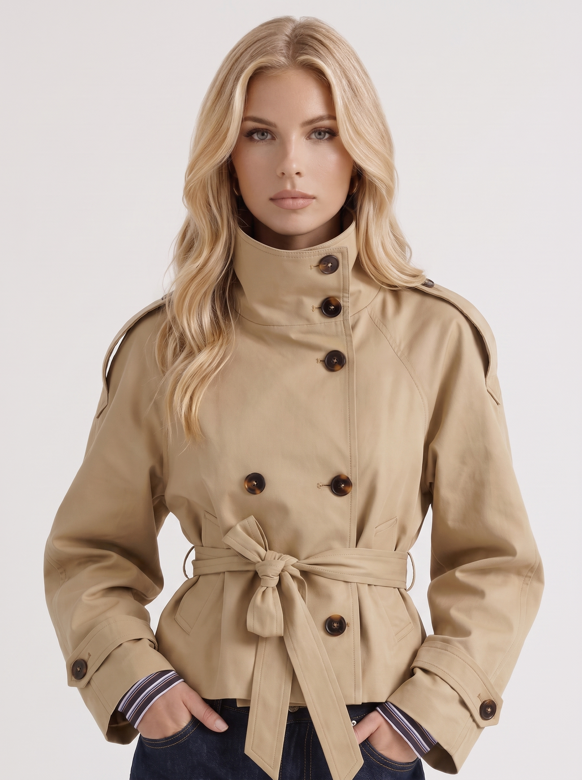 Women's Cropped Trench Coat - Beige Short Jacket with Belt