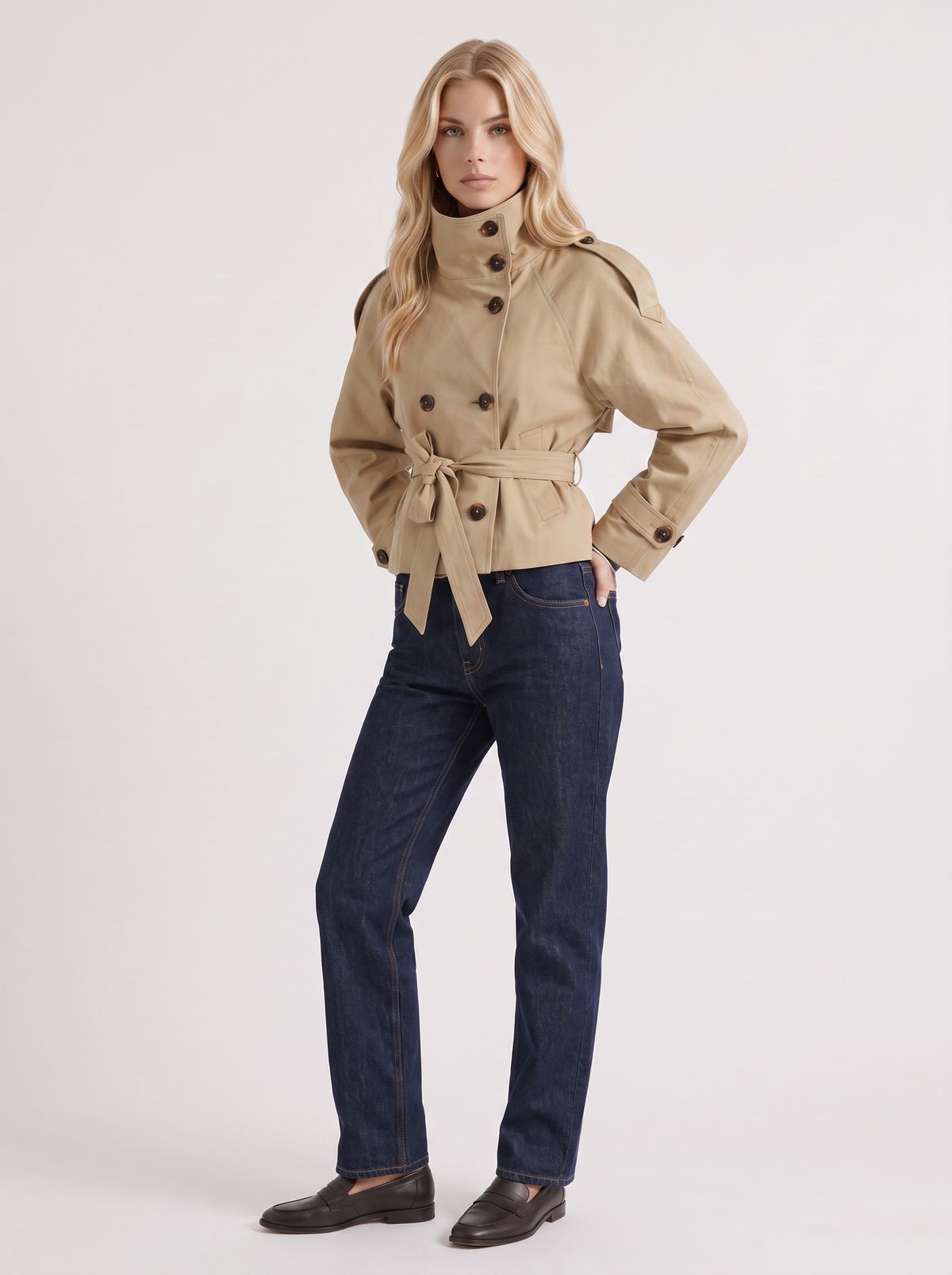 Women's Cropped Trench Coat - Beige Short Jacket with Belt
