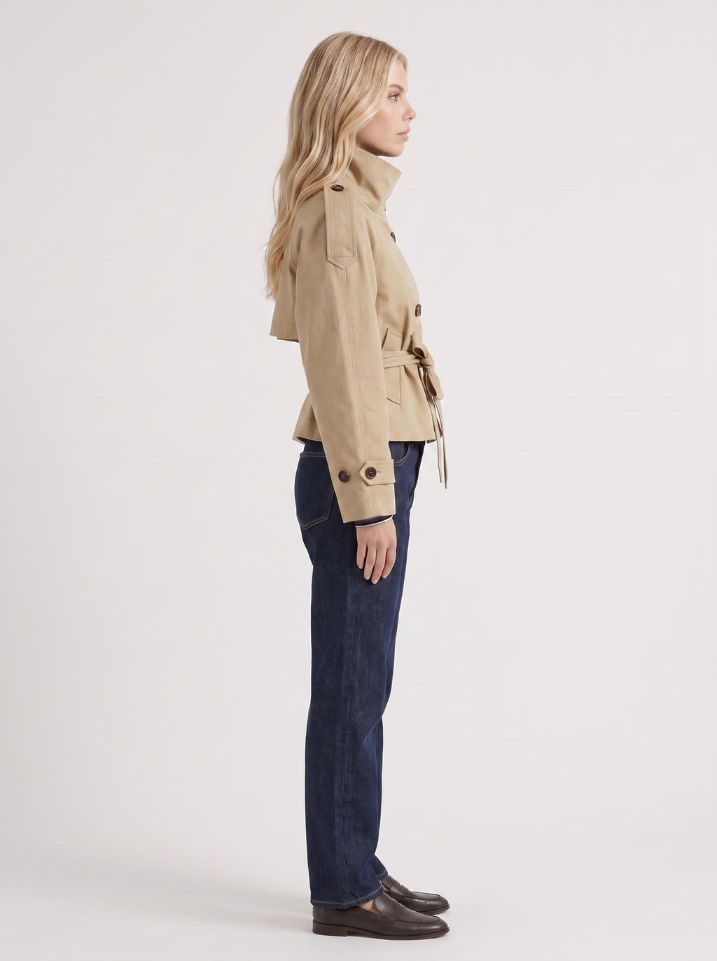 Women's Cropped Trench Coat - Beige Short Jacket with Belt