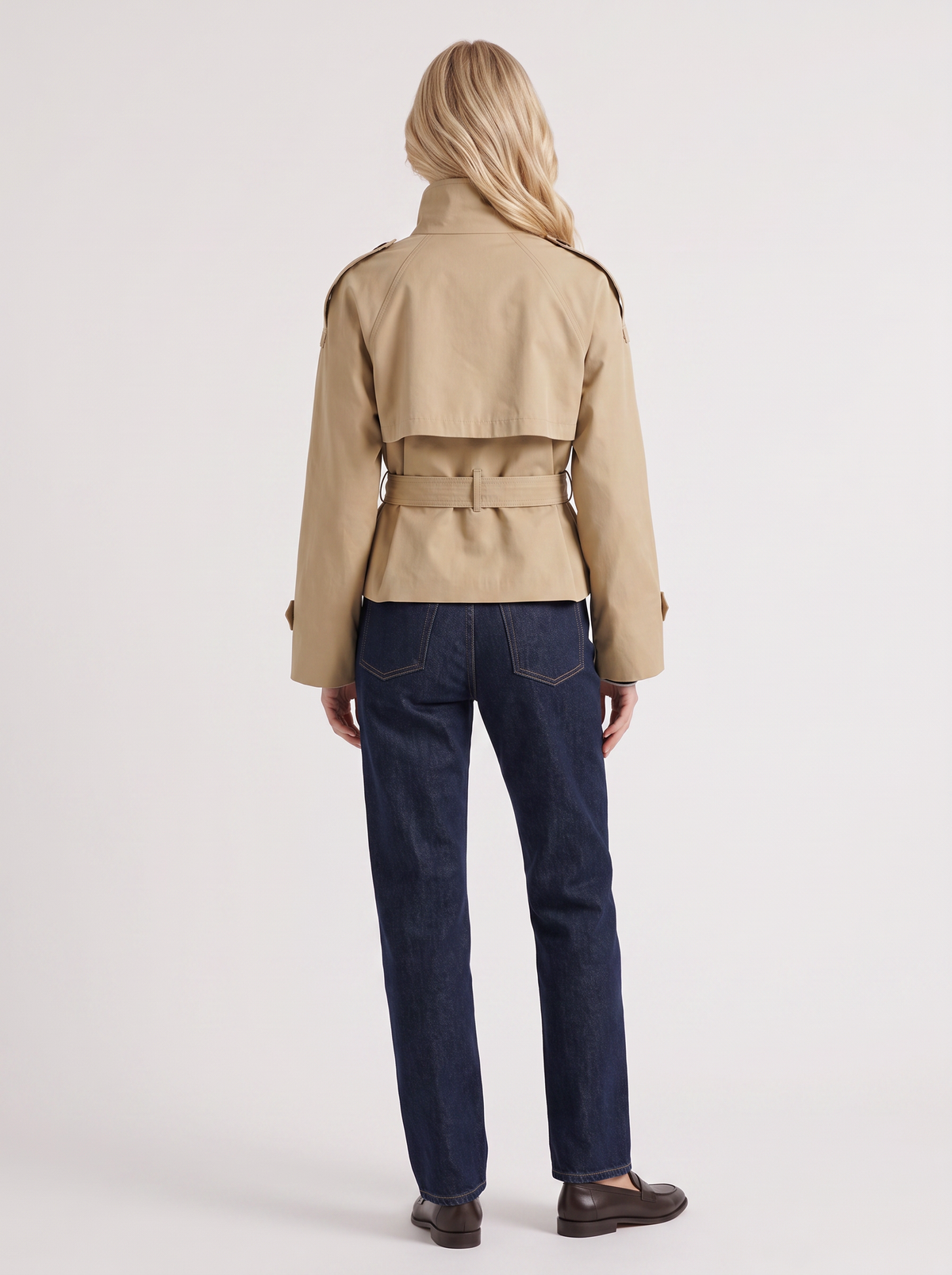 Women's Cropped Trench Coat - Beige Short Jacket with Belt
