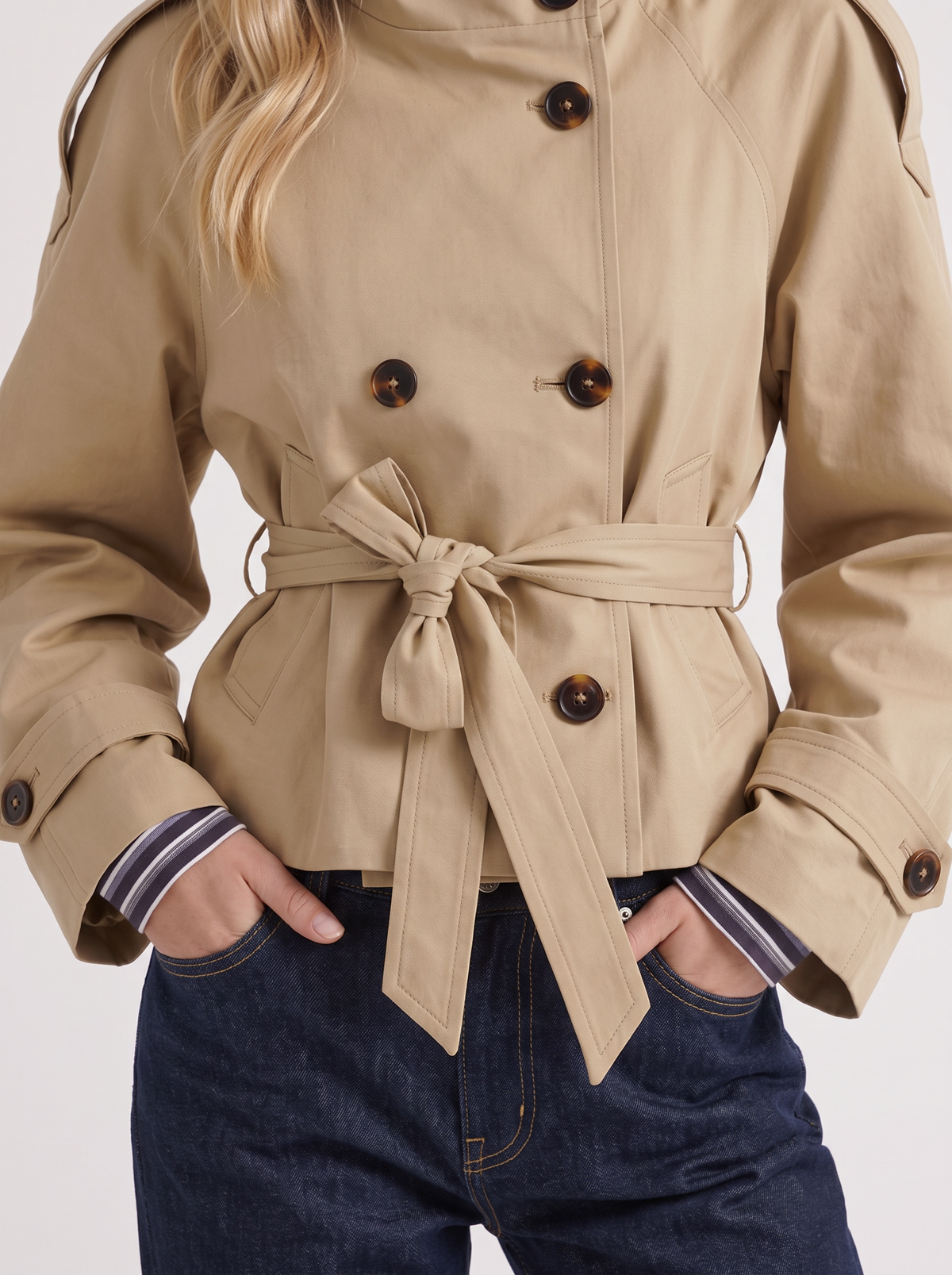 Women's Cropped Trench Coat - Beige Short Jacket with Belt