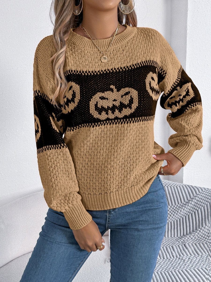 Halloween Jack-o-Lantern Knit Pullover Sweater & Spooky Fall Top