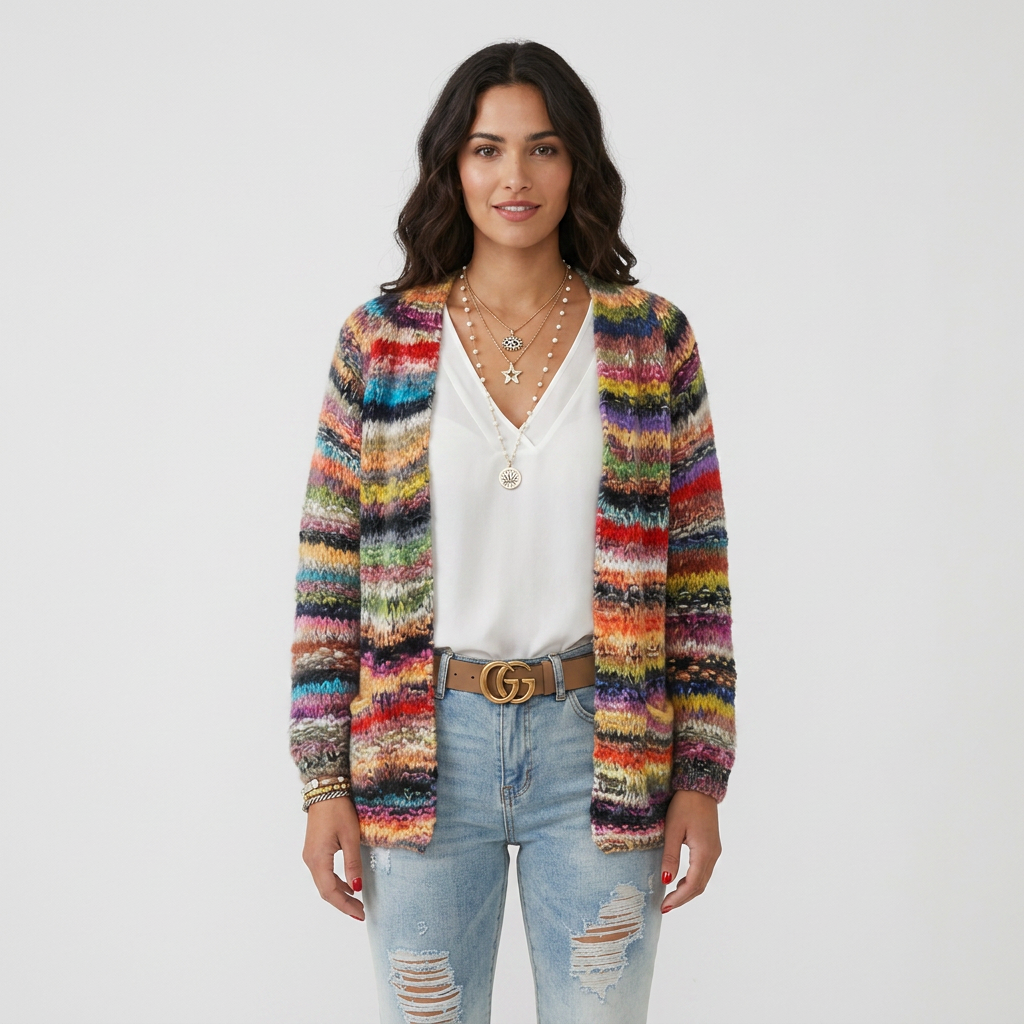 Women Cardigan & Sweater Cardigan – Long Sleeve Open Front Multicolor Knit Sweater
