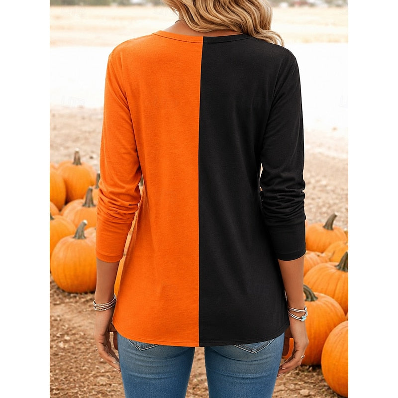 Women's Pumpkin Print Crewneck Black Halloween Long-Sleeve Top