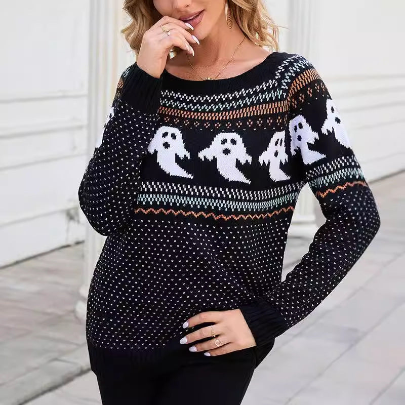 Women's Halloween Sweater Knit Crew Neck Oversized