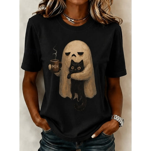 Ghost Cat Black Halloween Graphic Tee